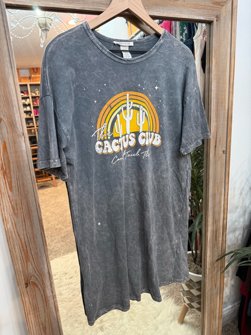 Gray Graphic T-Shirt Dress with Yellow/White Cactus Print